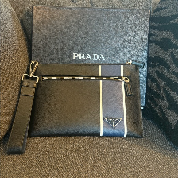 Prada Black and Blue Saffiano Colorblock Leather Steiped Pouch - Picture 4 of 6
